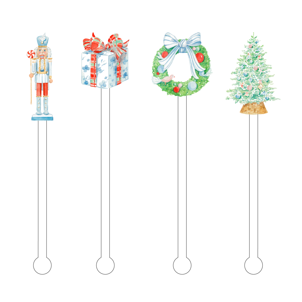 Blue and White Christmas Watercolor Acrylic Stir Sticks